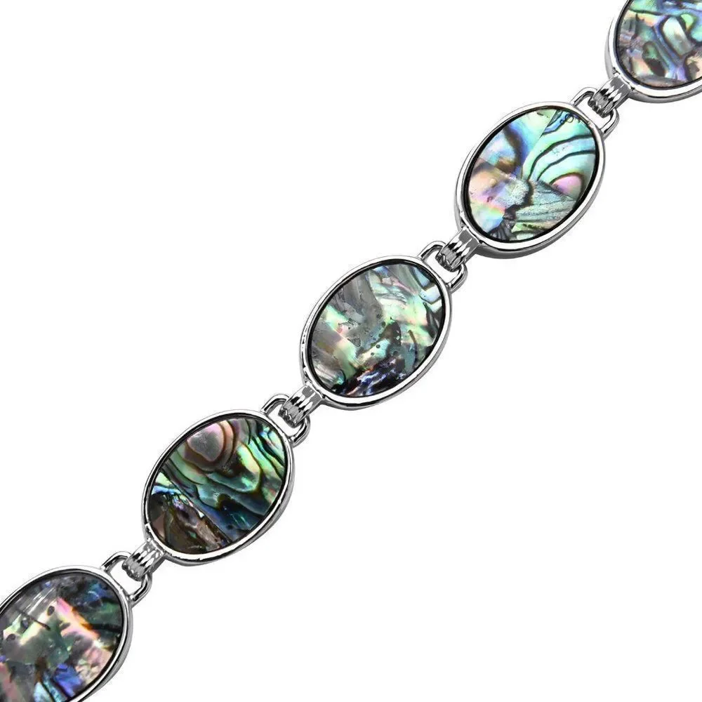 Abalone Shell Oval Shaped Link Bracelet in Silvertone (8-10In)